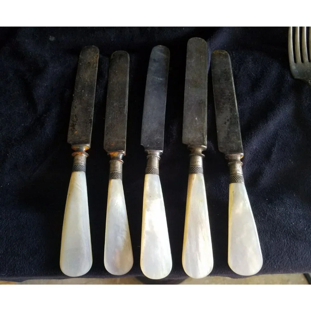 ANTIQUE SHEFFIELD A.1.PLATE 5 Knifes + 3 Forks MOTHER PEARL HANDLE STERLING CAP